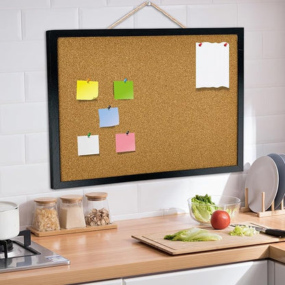 GDMINLO Black Cork Bulletin Board, 17.7 X 13.3 inches with Oak Wood Finish Frame, for Wall Office Home and School (Pins, Eye Bolts, gaskets, Screws)