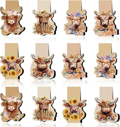 Highland Cow Magnetic Bookmark - 12 Pcs Funny Animal Bookmarks Magnetic Floral Book Mark Magnets Cute Cow Magnets Bookmark Page Clip Gift for Book Lovers Students Teacher Reading Book Marks