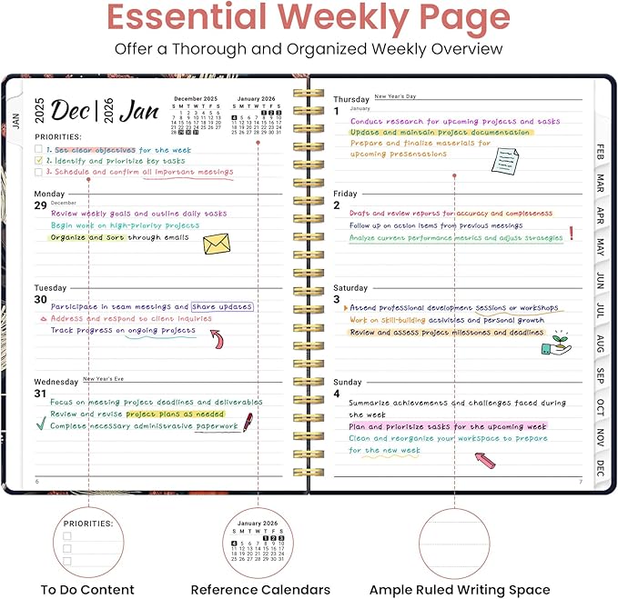 2026 Planner, Weekly and Monthly Planner for Women, January 2026 to December 2026, Pretty Hardcover 2026 Calendar Planner Book with Tabs, Inner Pocket, Spiral Bound, Perfect Office Home School Supplies - 6.3" x 8.5", Flutter Bloom