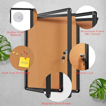 SWANCROWN Enclose Bulletin Board Case School Cork Noticeboards Cabinet with Locking Door and Keys,38x28 inch (9xA4)