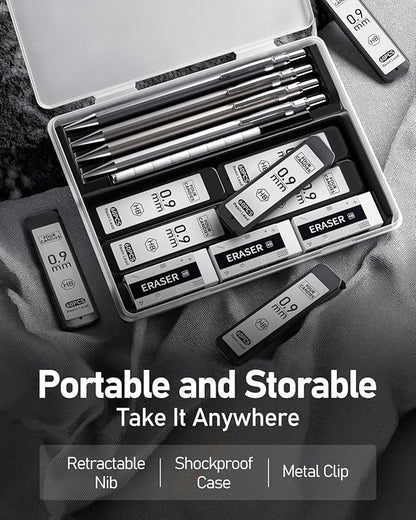 Four Candies 0.9mm Metal Mechanical Pencil Set with Case - 4PCS Fancy Mechanical Pencils, 8 Tubes HB #2 Lead Refills, 3PCS 4B Erasers and 9PCS Eraser Refills, Led Pencils Mechanical for Writing