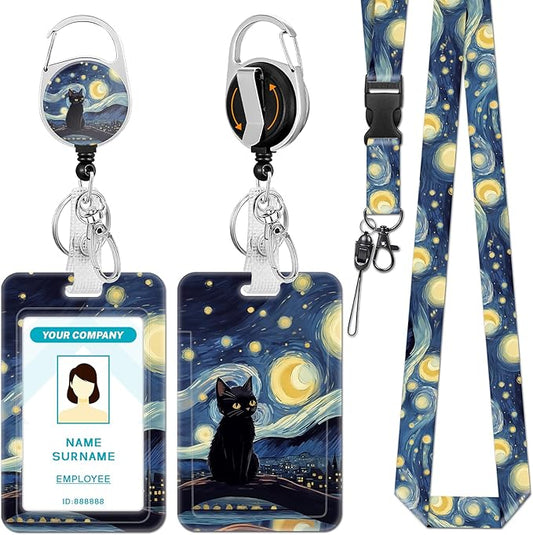 Black Cat Lanyards for Id Badges, Starry Night Badge Holder with Retractable Reel Clip, Work Name Tags Keychain Lanyard with ID Holder, ID Card Protector for Women Teacher Nurse Doctor Office