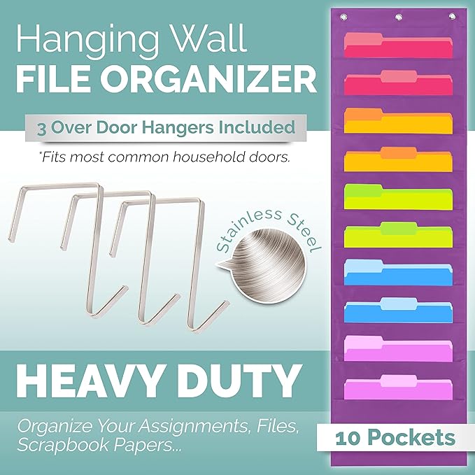 Hippo Creation Heavy Duty Storage Pocket Chart for Classroom, 10 Pocket Storage Organizer with 3 Over-Door Hangers, Hanging Wall Organizer for File Folders, School Mailbox, Home Office Papers - Purple