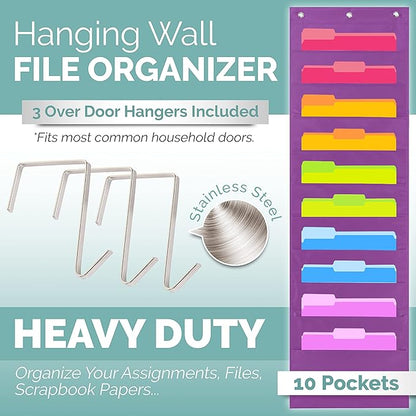 Hippo Creation Heavy Duty Storage Pocket Chart for Classroom, 10 Pocket Storage Organizer with 3 Over-Door Hangers, Hanging Wall Organizer for File Folders, School Mailbox, Home Office Papers - Purple