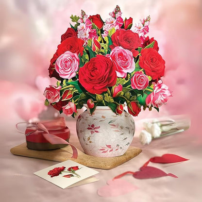 Freshcut Paper Pop Up Cards, Blooming Roses, 12 Inch Life Sized Forever Flower Bouquet 3D Popup Greeting Cards, Valentine's Day, Anniversary Card, Blank Notecard & Envelope