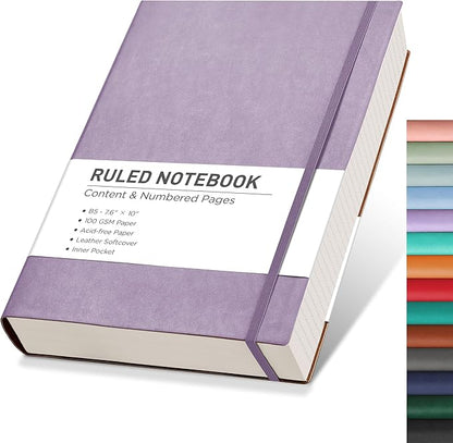 RETTACY Journaling Notebooks, B5 Lined Journal Notebook with 320 Numbered Pages, 7.6" × 10", Medium Size, Journal Notebook for Writing, Work, School, Leather Softcover, 100 GSM Thick Paper (Purple)