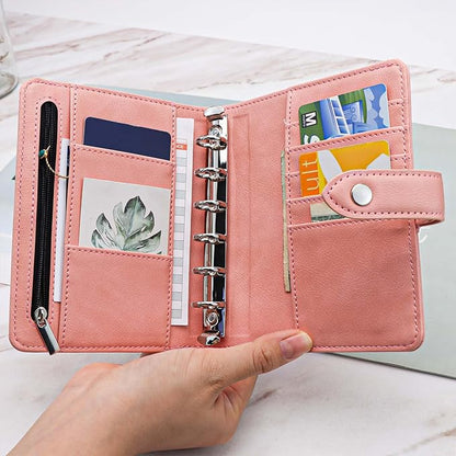 Mogoostry A7 Binder Cover Savings Binder Wallet Leather Binder Folder 6-Ring Refillable Notebook Binder Planner Cover Hardcover Budget Binder Organizer (Pink)