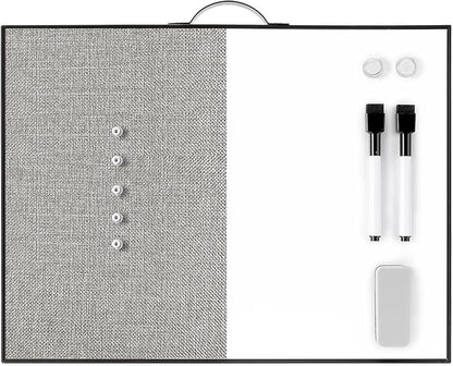 Small White Board Cork-Board Combo - 16 X 12 inches Gray Linen Board & Magnetic Dry Erase Board for Wall, Mini Bulletin Cork Board with Holder for Office, Home and School