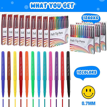 144 Pcs Felt Tip Pens 0.7mm Medium Point Felt Pen Bulk 12 Colors Markers Journal Planner for Teachers Students Journaling Writing Note Art Office School Supplies