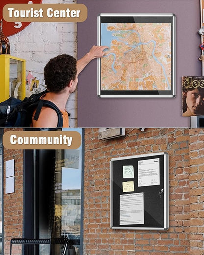 28"x26" Enclosed Bulletin Board, Lockable Weather-Resistant Aluminum Cork Noticeboard for School & Office, Silver Frame w/Black Flet