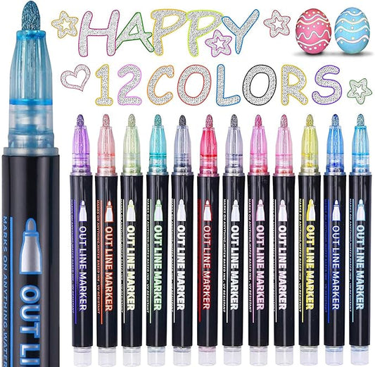 Easter Basket Essentials, 12 Colors Shimmer Markers Outline Glitter Pens, Easter Basket Stuffers for Teens, Teen Girl Gifts Trendy Stuff, Art Supplies Crafts Gifts for 4-12 Year Old Girls