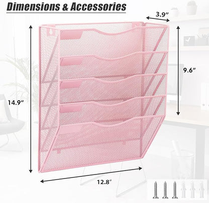 EASEPRES 5 Pocket Mesh Hanging Wall File Organizer, Wall Mounted Mail Paper Document Folder Holder, Clipboard Storage Organization Magazine Rack with Nametag Label for Office Home School, Pink