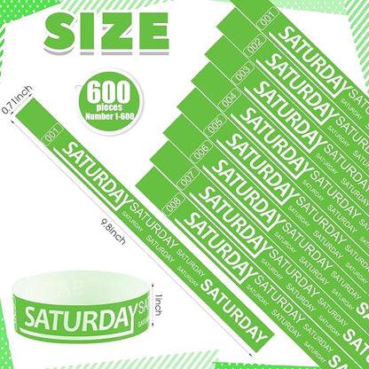 Henoyso 600 Pcs Saturday Paper Wristbands Event Wristbands Paper Bracelets Wristbands Numbered Waterproof Party Wristbands for Events Day of The Week(Green)