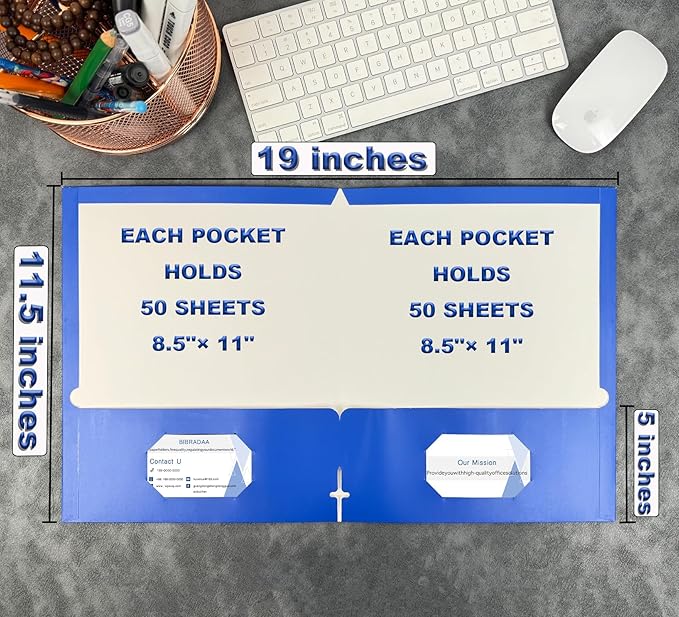 BIBRADAA® 50 Packs Blue Paper Folders with Pockets,Paper Folder Surface with Waterproofing,Letter Size,Holds 100 Plus Sheets,for School,Office,Business. (50, Dark Blue)