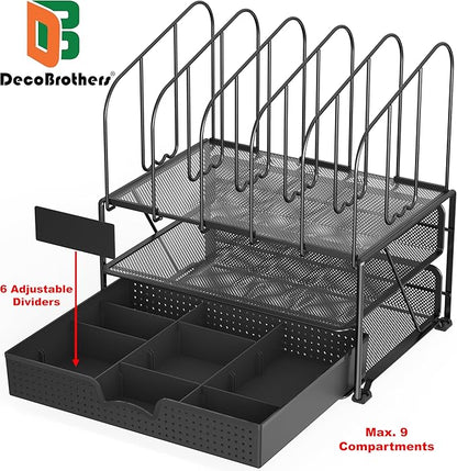 DecoBros Mesh Desk Organizer with Double Tray, 5 Upright Sections and Sliding Drawer, Black