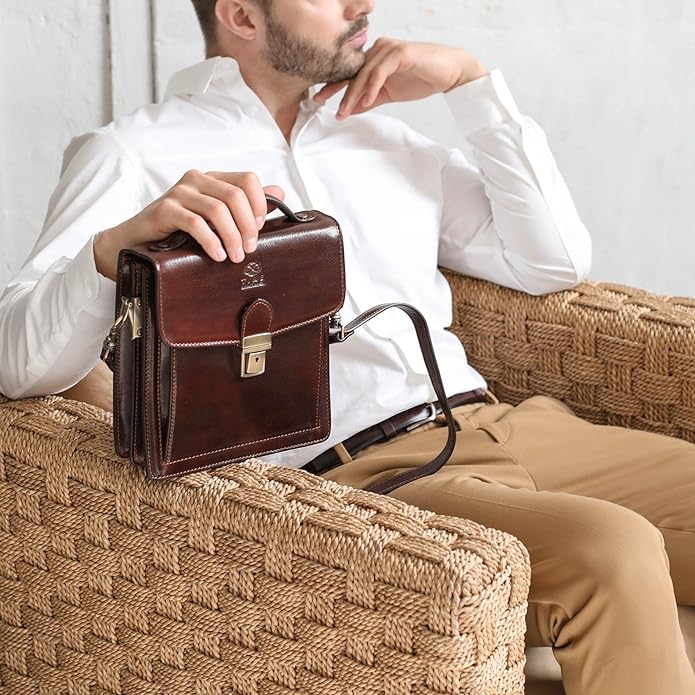 Time Resistance Small Leather Briefcase for Men - Crossbody Bag - Italian Leather Messenger Bag - Gift Box Included