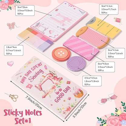 Retro Sewing Sticky Notes Set - Any Day Spent Sewing is A Good Day Self-Stick Note Pads Teacher Appreciation Notepads Writing Memo Pad Page Marker Back to School Office Supplies (Pink)