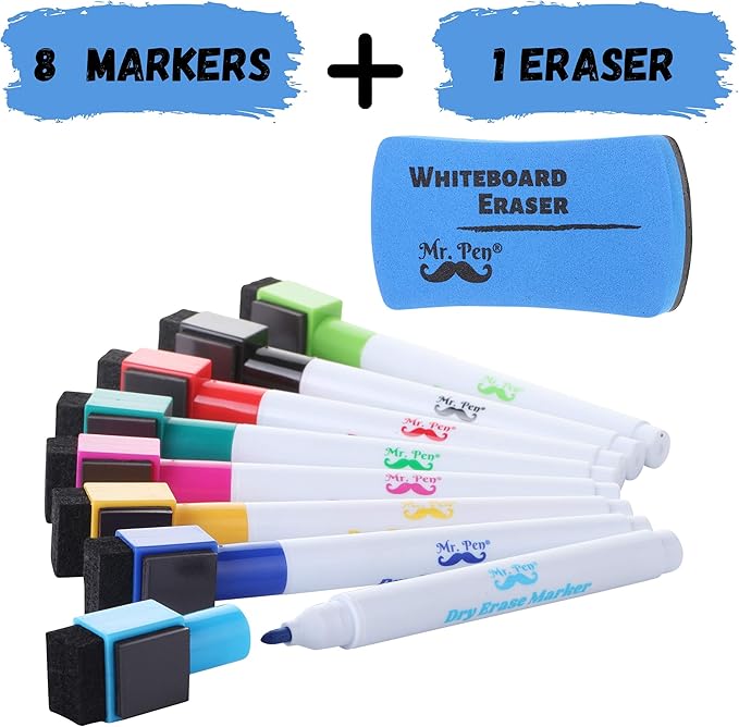 Mr. Pen Magnetic Dry Erase Markers, 8 Pack with Eraser, Magnet, Fine Tip Dry Erase Pens