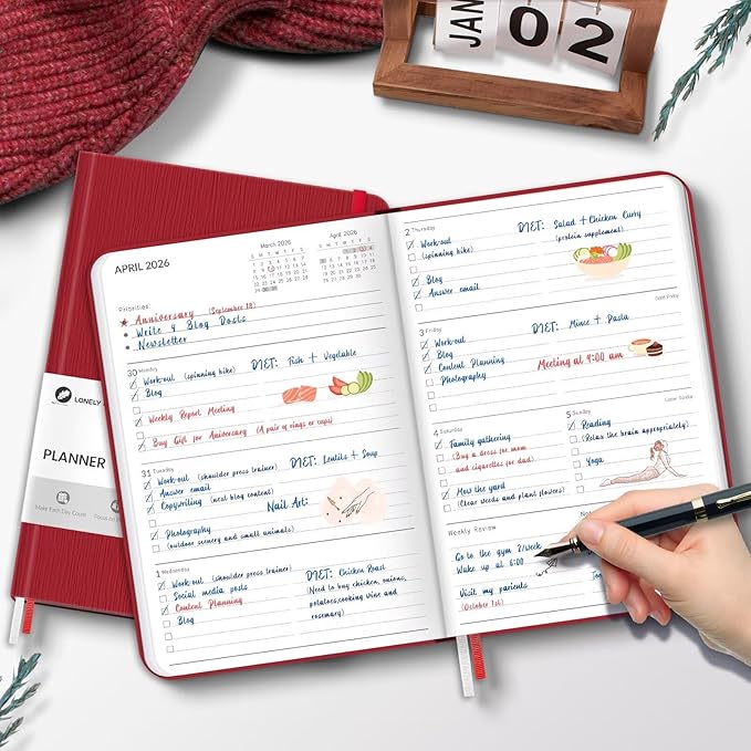 2026 Planner, Weekly and Monthly Planners, Faux Leather Daily Calendar 2026 Planner, 12 Month Agenda from Jan. to Dec., Hardcover Habit Tracker Journal 5.75" x 8.4"(Red)