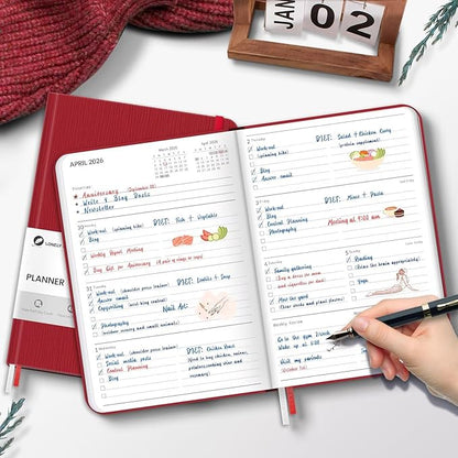 2026 Planner, Weekly and Monthly Planners, Faux Leather Daily Calendar 2026 Planner, 12 Month Agenda from Jan. to Dec., Hardcover Habit Tracker Journal 5.75" x 8.4"(Red)