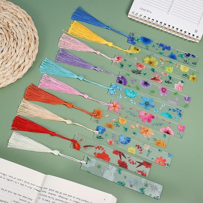 10 Pieces Flower Resin Bookmark Transparent Floral Bookmarks for Women Cute Bookmarks Flower Page Marker with Tassels, Christmas Gifts Stocking Stuffers for Women Kids