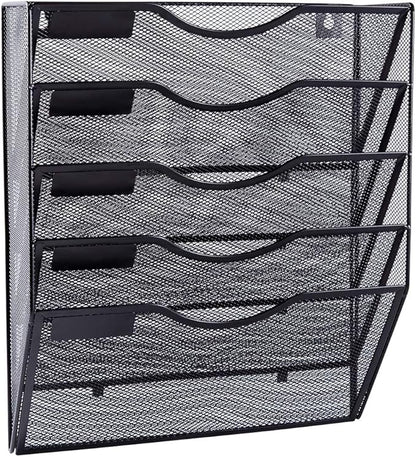 EASEPRES 5 Pocket Mesh Hanging Wall File Organizer, Wall Mounted Mail Paper Document Folder Holder, Clipboard Storage Organization Magazine Rack with Nametag Label for Office Home School, Black