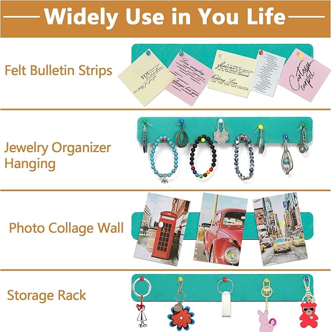 Felt Pin Board Bar Strips Bulletin Board for Bedrooms Offices Home Wall Decoration, Notice Board Self Adhesive Cork Board with 35 Push Pins for Paste Notes, Photos, Schedules