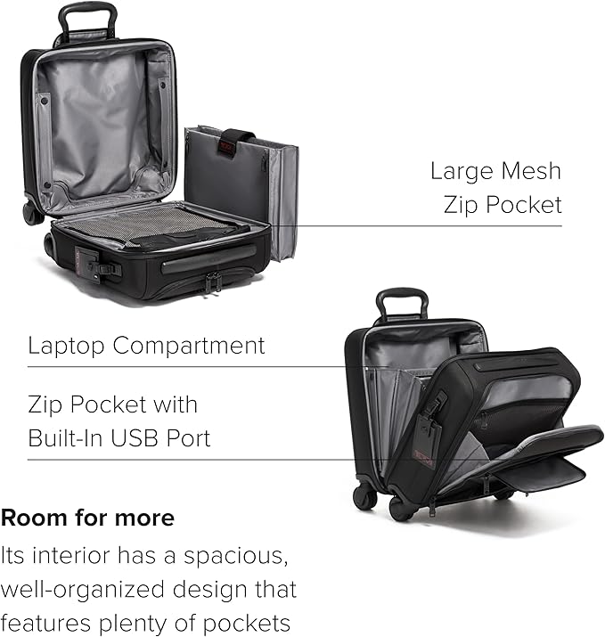 TUMI - Alpha Small Compact 4-Wheeled Briefcase - Laptop Briefcase - Rolling Suitcase with USB Ports - TUMI Tracer - Black