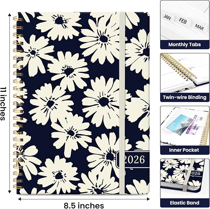 2026 Planner, Aesthetic Weekly and Monthly Planner for Women, Jan 2026 to Dec 2026, Hardcover 2026 Calendar Book with Monthly Tabs, Inner Pocket, Perfect for Office Home School - A4 (8.5" x 11"), Simple Daisy