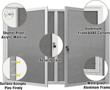 48"x34" Enclosed Bulletin Board, Outdoor Lockable Weather-Resistant Aluminum Cork Noticeboard for School & Office, Silver Frame w/Grey Flet