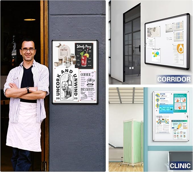 SWANCROWN Locking Bulletin Boards Enclosed Noticeboard White Glass Message Boards Indoor for School Office 38x38 inches (12xA4)