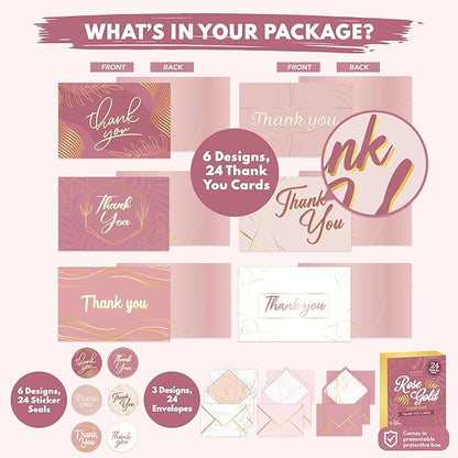 Decorably 24 Pack Gold-Foiled 6x4in Rose Gold Thank You Cards with Envelopes and Stickers, 6 Elegant Designs Pink Thank You Notes, Blank Inside - Wedding, Baby Shower, Birthday