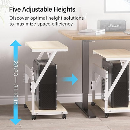 Computer Tower Cart - Height Adjustable PC Stand, 2-Tier ATX-Case CPU Holder Home Office Gaming Desk Accessories with Rolling Lockable Wheels, Laptop Table Standing Computer Desk, Natural White
