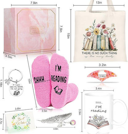 Bookish Book Lovers Gifts Readers - 7pcs Reading Accessories w/Bookmark, Cozy Socks, Cute Tote Bag, Coffee Mug, Hanging Decor and Cards, Booklovers Gift Idea for Women Bookworm Teacher Librarian