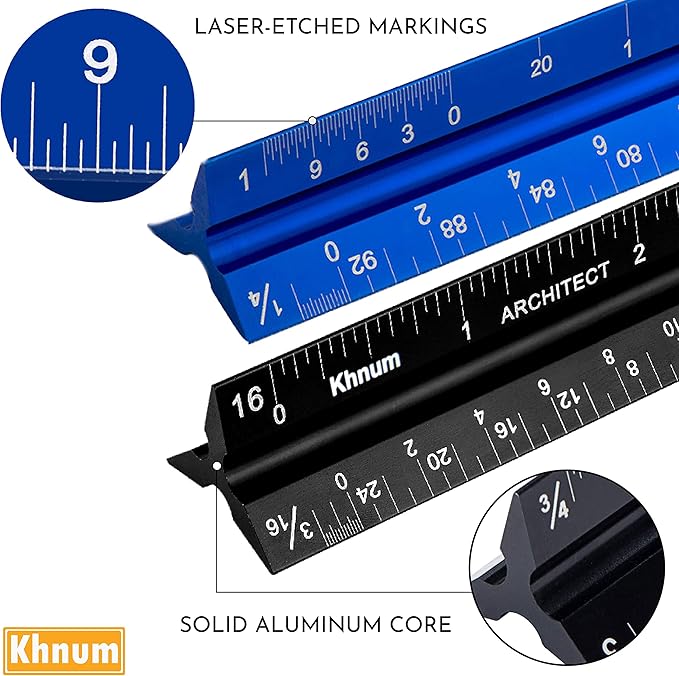 12-Inch Architectural and Engineering Scale Ruler Set (Imperial) | Laser-Etched Aluminum Triangular Drafting Tool | for Architect and Civil Engineer Blueprints | Standard Metal Ruler Included