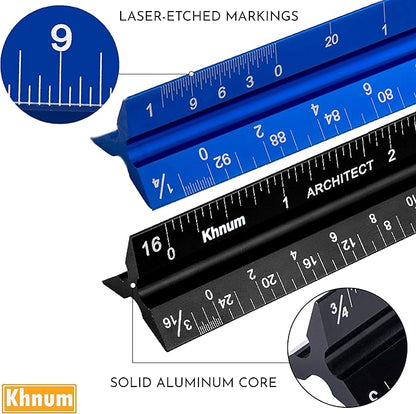 12-Inch Architectural and Engineering Scale Ruler Set (Imperial) | Laser-Etched Aluminum Triangular Drafting Tool | for Architect and Civil Engineer Blueprints | Standard Metal Ruler Included