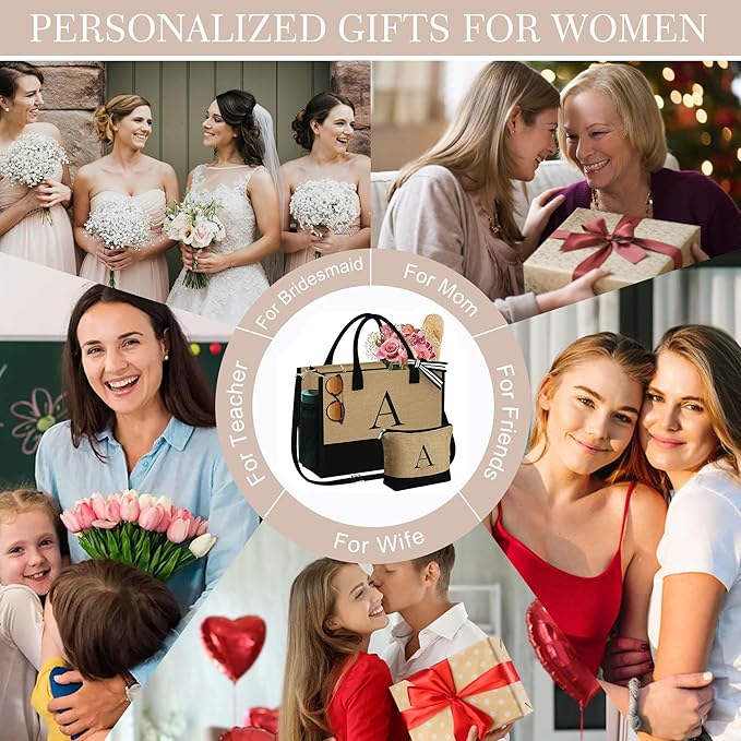 YOOLIFE Christmas Gifts for Women - Initial Jute Tote Bag & Makeup Bag, Birthday Gifts for Women Her Mom Teacher Friend