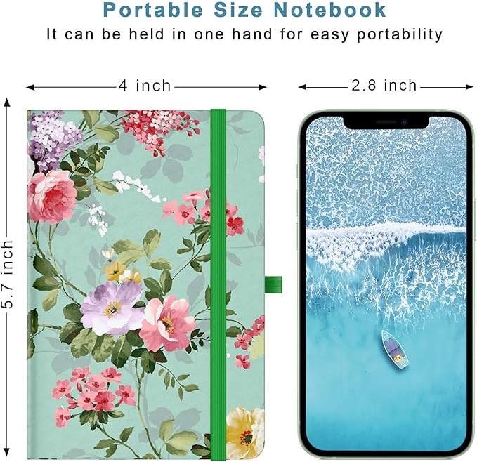 Small Notebook, Mini Pocket Journal A6 5.7" x 3.9", Leather Hardcover Journal with Pen Holder, 160 Thick Papers, Cute Lined Notebook Small Notepad for Women Writing Work Travel, Graceful Peony
