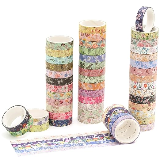 YUBBAEX Flowers Washi Tape Pack 50 Rolls Floral Printed Masking Tape Plants Decorative for Arts, DIY Crafts, Journal Supplies, Planners, Scrapbook, Card/Gift Wrapping