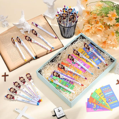 Christian Pens Sets Jesus Gifts Bulk Include Little Jesus Figures Ballpoint Pen and Bible Verse Bookmarks Bible Verse Inspirational Pens for Baptism Gift Sunday