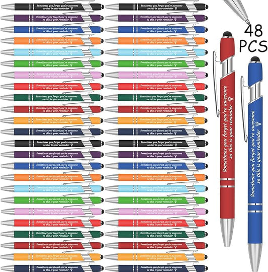 Colarr 48 Pcs Employee Appreciation Pen Ballpoint with Stylus Tip Pen 1.0 mm Black Ink Multicolor Smooth Motivational 2 in 1 Ballpoint Supplies for Coworker Thank You Gift (You're Awesome)