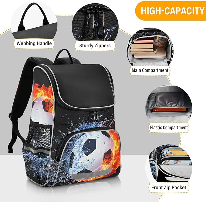 Soccer Backpack with Reflective Strip for Kids Boys Girls Elementary School Bag Removable Chest Strap