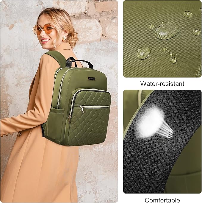 Modoker 15.6 Inch Laptop Backpack for Women, Quilted Work Backpack for Women Bookbag Teacher Backpack, Travel Backpack with USB Charging Port, Backpack Purse for Women Nurse, Green