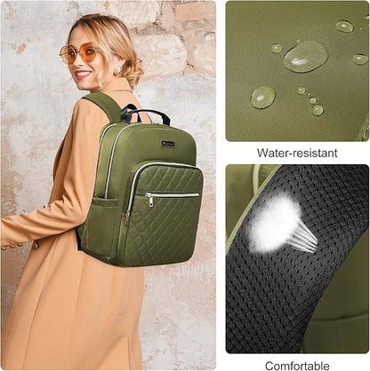 Modoker 15.6 Inch Laptop Backpack for Women, Quilted Work Backpack for Women Bookbag Teacher Backpack, Travel Backpack with USB Charging Port, Backpack Purse for Women Nurse, Green
