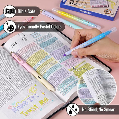 WRITECH Bible Mate Journaling Set: No Bleed Aesthetic Highlighters & 1.0 mm Black Ballpoint Pens, Bible Safe Dual Tip Highlighters, Pastel Colors, Fast-drying Ink, Bible Journaling Kit, 9ct