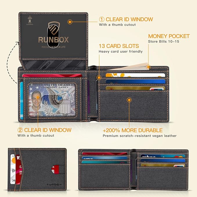 RUNBOX Wallet for Men Slim Rfid Leather 2 ID Window With Gift Box