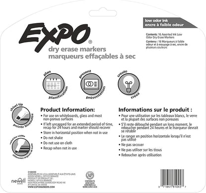 EXPO Low Odor Dry Erase Markers, Chisel Tip, Assorted Colors, 16 Count