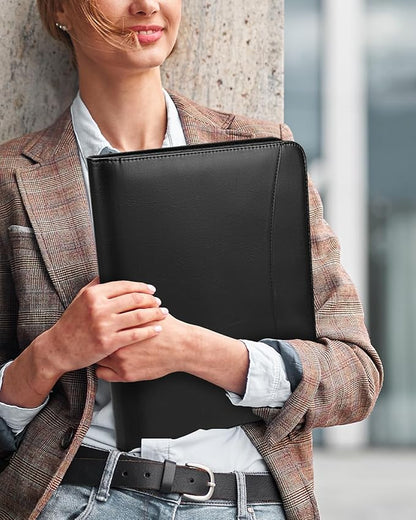 Gwybkq Padfolio Organizer Zippered Portfolio, Leather Binder with Notepad and Gel Pens, Men Women Business Folder for Resume, Document, Pad, Phone and Cards (Black)