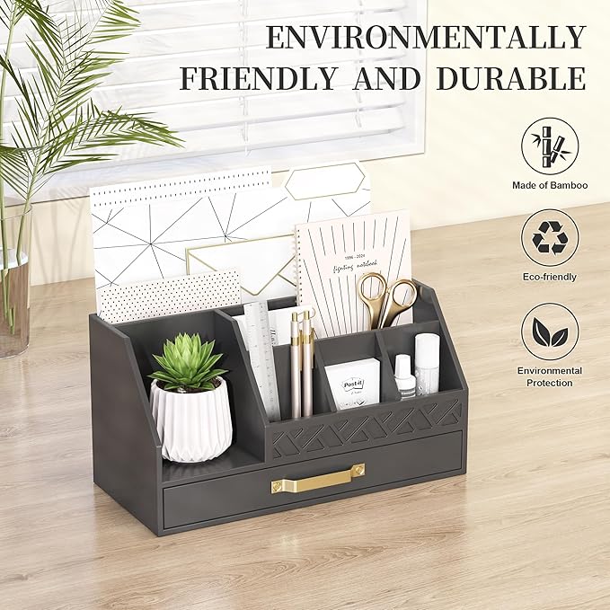 Bamboo Desk Organizer with Drawers, Mail Organizer Countertop Wood Desk Drawer Tabletop Storage Organization Pen Holder Letter Sorter Makeup Organizer for School Home Office (Black)