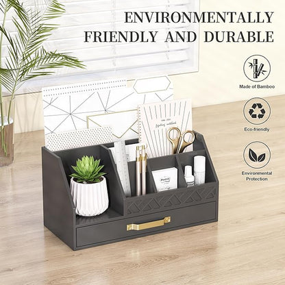 Bamboo Desk Organizer with Drawers, Mail Organizer Countertop Wood Desk Drawer Tabletop Storage Organization Pen Holder Letter Sorter Makeup Organizer for School Home Office (Black)